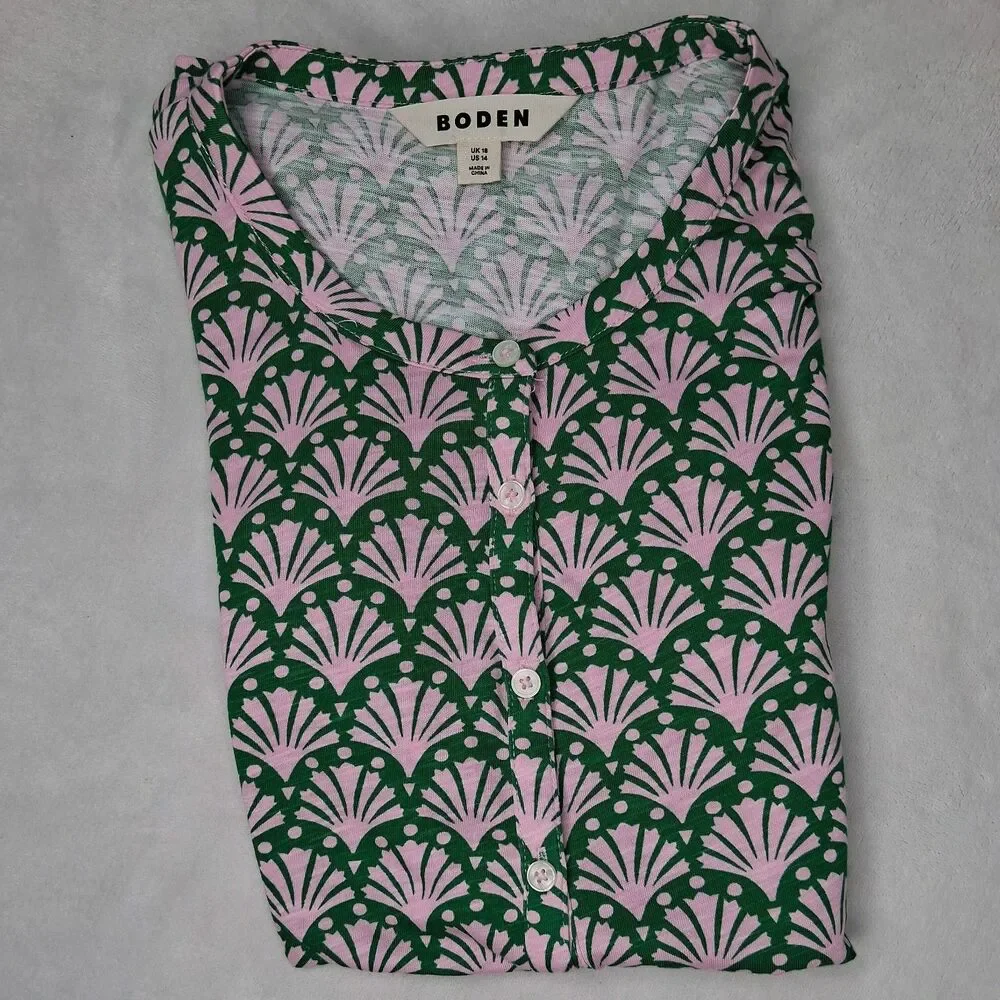 Boden Dolly Puff Sleeve Jersey Shirt Floral Fan Button-up Cotton Tencel US 14